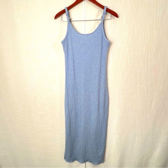 American Eagle Ribbed Stretch Knit Side Slit Soft Blue Bodycon Maxi Dress Size S - Picture 2 of 12